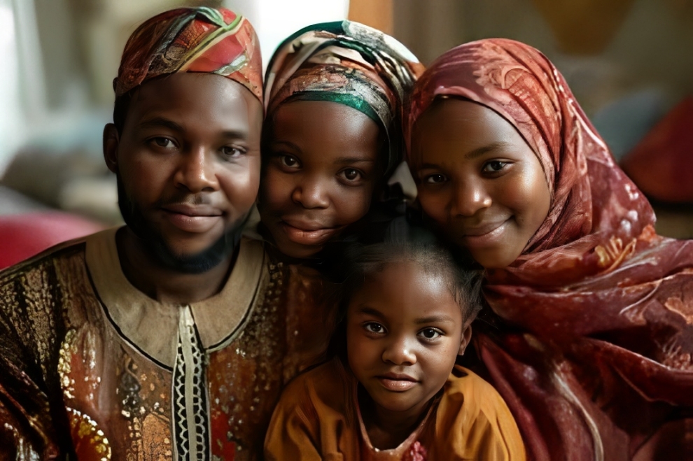 A close-up portrait of a happy family dressed in traditional African clothing, smiling warmly at the camera.