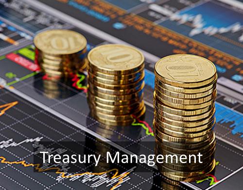 A stack of gold coins on financial charts with the text "Treasury Management."